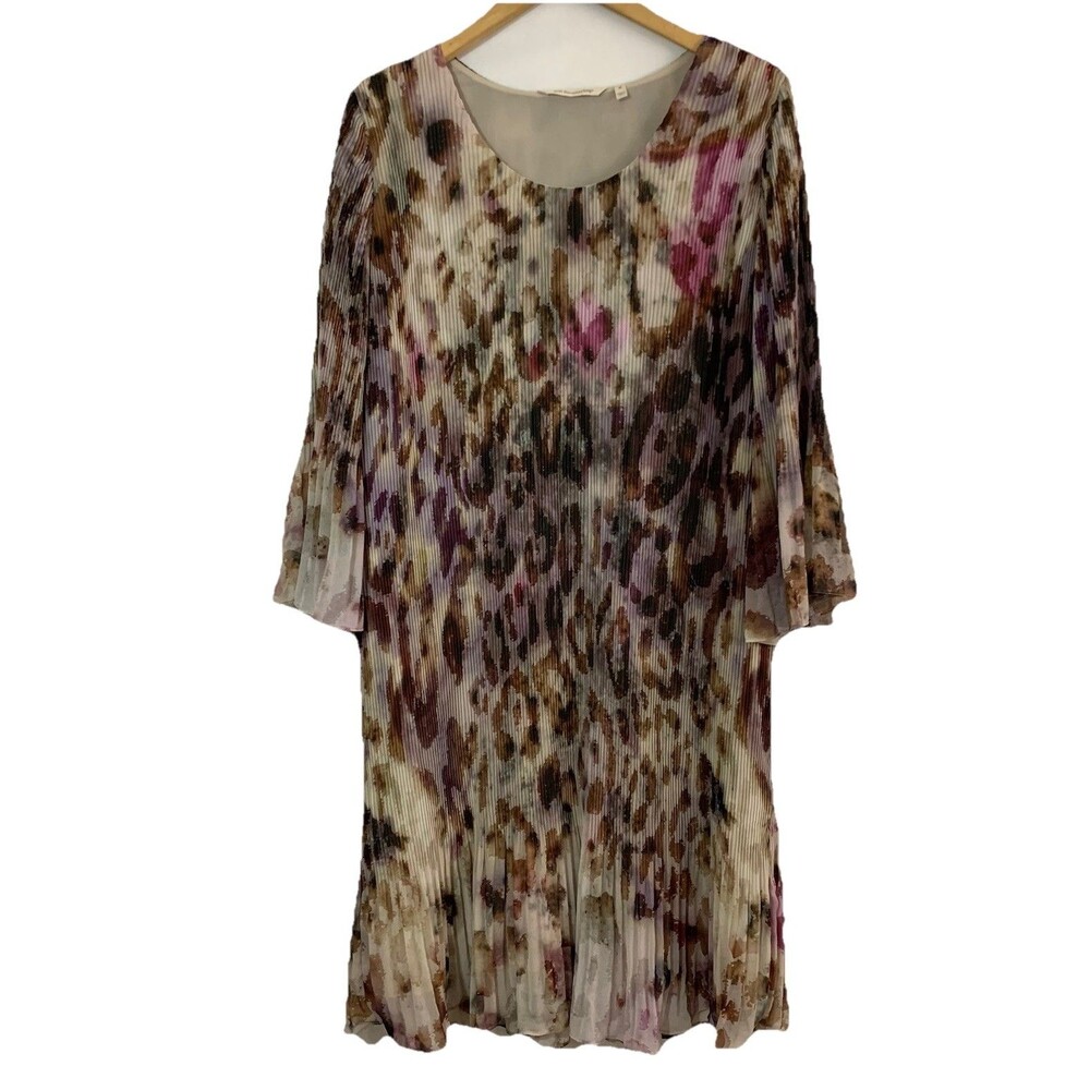 Soft Surroundings Animal Print Pleated Chiffon Dress Size M 3/4 Bell Sleeve